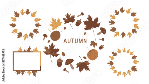 Autumn leaves wreath set with fall foliage acorns mushrooms and seasonal decorative frames
