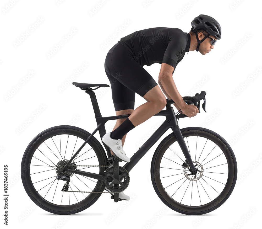 Obraz premium Asian Cyclist in Black Kit Riding Road Bicycle Isolated