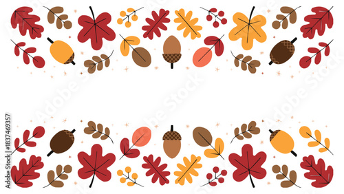 Autumn leaf and acorn border with colourful fall foliage berries and seasonal botanical elements in flat illustration