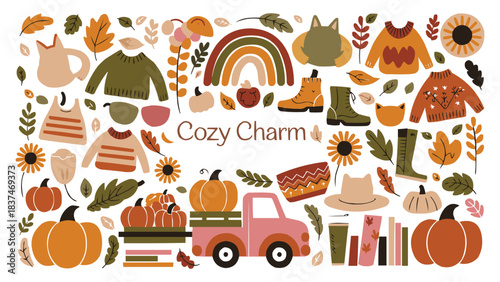 Cozy autumn charm collection with pumpkins sweaters boots leaves flowers and seasonal fall elements in warm illustration style