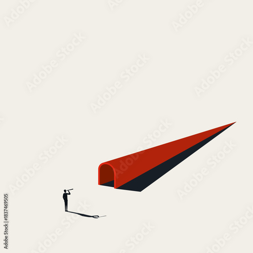 Minimalist vector Concept illustration of a businessman looking through a telescope with tunnel vision, symbolizing narrow focus, restricted perspective, and obsession.