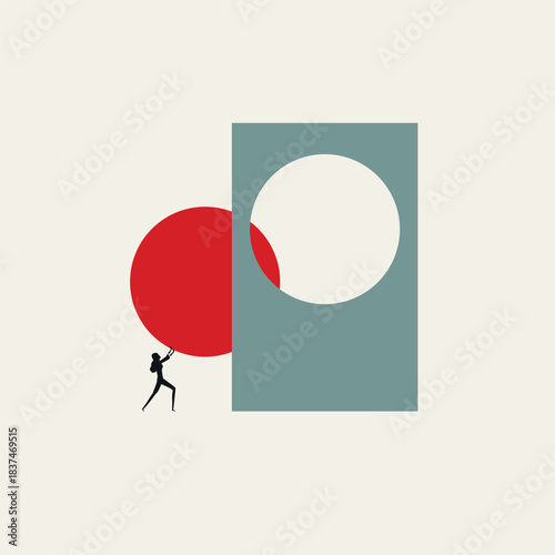 Minimal vector concept illustration of a Silhouette of a businesswoman rolling a red sphere into a matching cutout. Symbol of finding the perfect solution, completing a project, and success.