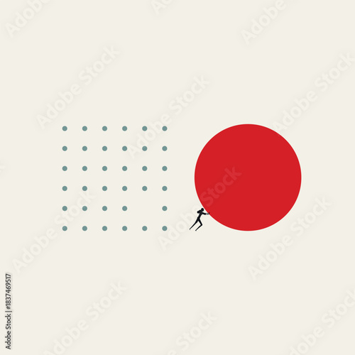 Minimalist vector concept illustration of a silhouette of a businesswoman pushing a giant red sphere next to a grid of small dots. Symbol of scaling, big ideas, high impact, and major growth.