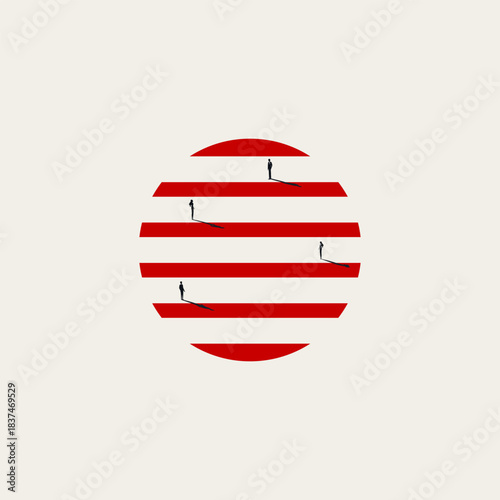 Minimalist vector concept abstract representation of global networking. Silhouettes of business people standing on the stripes of a red stylized globe or sun structure.