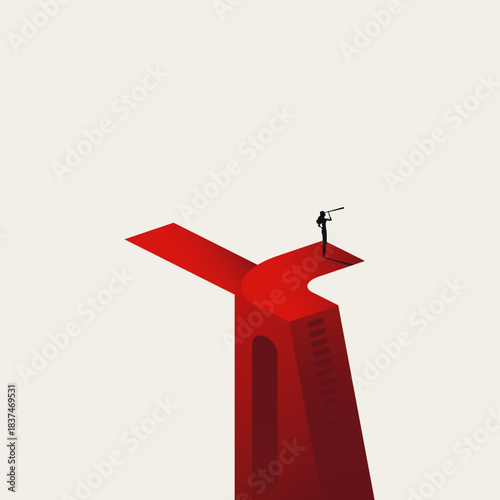 Minimal vector concept illustration of a silhouette of a businesswoman standing on a red diving board looking through a telescope. Concept of future vision, strategic planning, and leadership.
