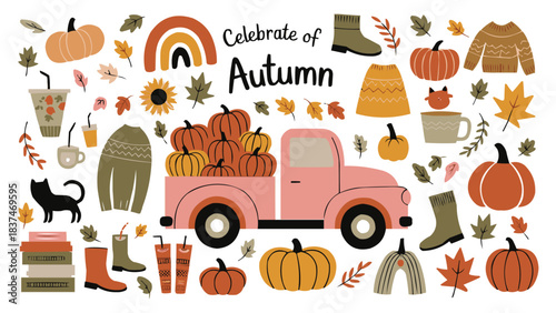 Autumn celebration illustration with pumpkins truck leaves sweaters boots harvest elements in warm seasonal colours