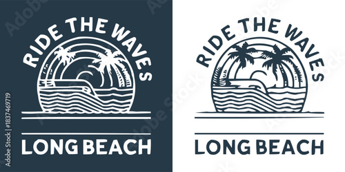 Surf beach emblem with palm trees, ocean waves, sunset line art, coastal summer illustration, vintage tropical surf graphic