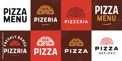 Pizza logo collection with pizzeria badges, slice icons, hand drawn food illustrations, retro restaurant branding elements