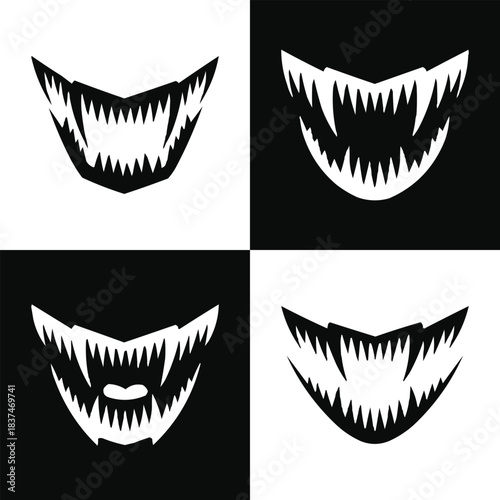 Sharp monster mouth silhouettes with jagged teeth, horror grin icons, spooky Halloween graphic set in bold black and white style