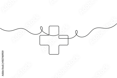 Continuous line drawing of a medical cross symbol for health and care icon.