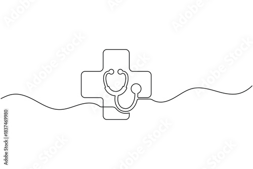 Continuous line drawing of a stethoscope and cross symbol representing medicine