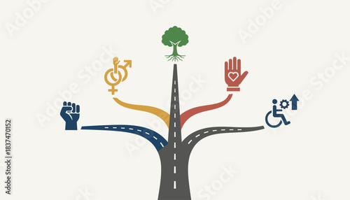 A road splitting into multiple paths each leading to symbols of different social justice causes emphasizing the diversity of struggles and choices.
