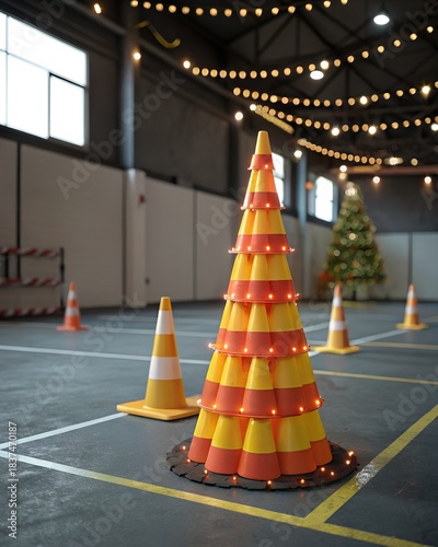 Unconventional Christmas Tree Made of Traffic Cones