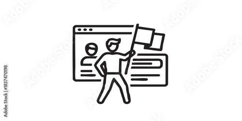 Artist man with flag and website window thin line icon, art portfolio concept. Vector graphics. Famous person public, website sign on white background, style icon mobile or web design