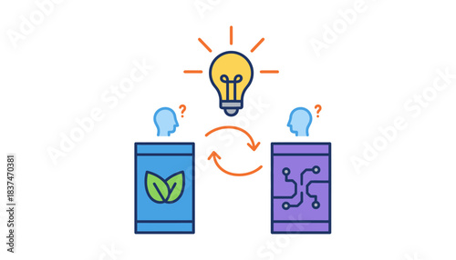 An animated light bulb above two sidebyside product packaging designs symbolizing an idea being tested for consumer preference.