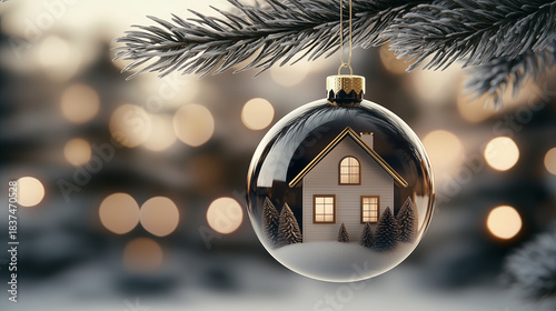 Glossy Blown-Glass House Ornament with Warm Holiday Lights