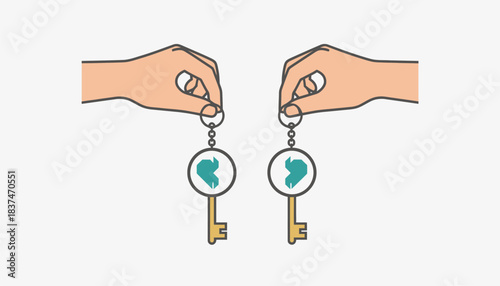 A pair of identical keychains each one held by a different person representing their connection despite the distance.