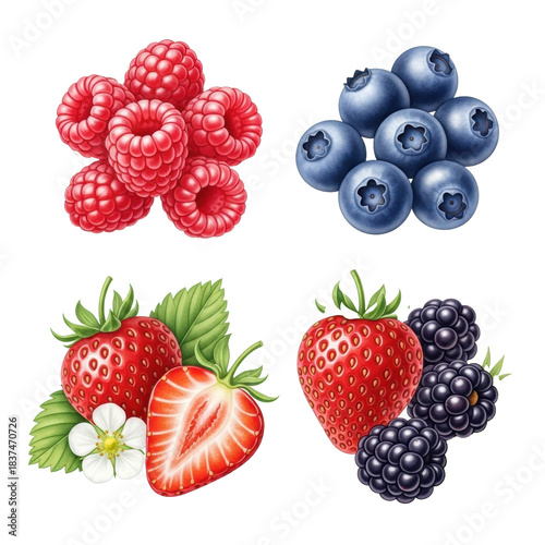 Watercolor illustration of fresh red raspberries, blue blueberries, whole and sliced red strawberries with white flower, and dark blackberries, against transparent background, healthy food concept.
