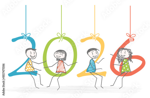 Characters balancing on the numbers of the new year 2026