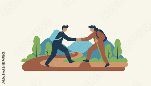 A couple hiking together on a scenic trail supporting one another along the way symbolizing effort and partnership in the journey of love.