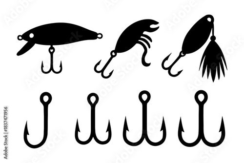Silhouette collection of fishing lures and hooks for anglers.