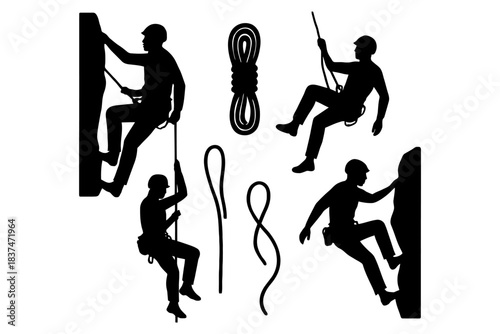Silhouette illustrations of rock climbers and climbing gear.