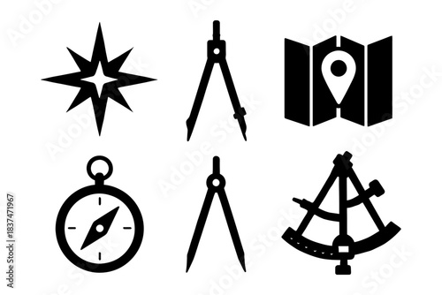 Navigation tools: compass, map, sextant, and dividers icons set.