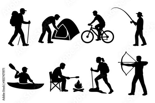 Silhouette activities outdoor enthusiasts: hiking, camping, cycling, fishing, kayaking, archery, campfire.