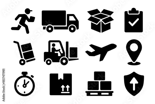 Logistics and delivery icons: transportation, shipping, packaging, tracking, security.
