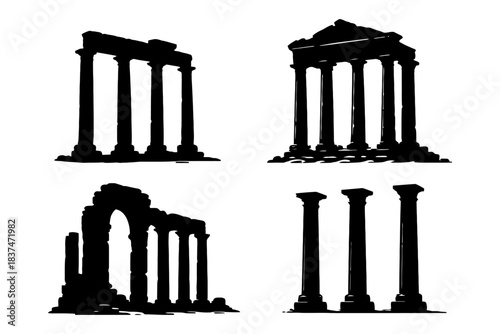 Silhouette of ancient roman and greek ruins with iconic columns and arches.