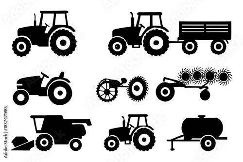 Collection of farming equipment icons: tractors, trailers, harvesters, and more.