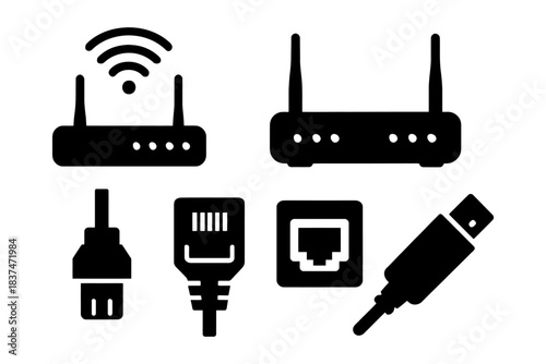 Black and white wifi router and cable icons set for technology themes.