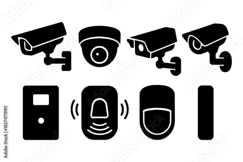 Black silhouette security camera icons and alarm systems on white background.