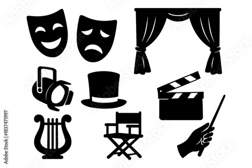 Theater icons: masks, curtains, director's chair, film clapper, and musical elements.