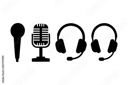 Black and white audio equipment icons: microphones and headsets.