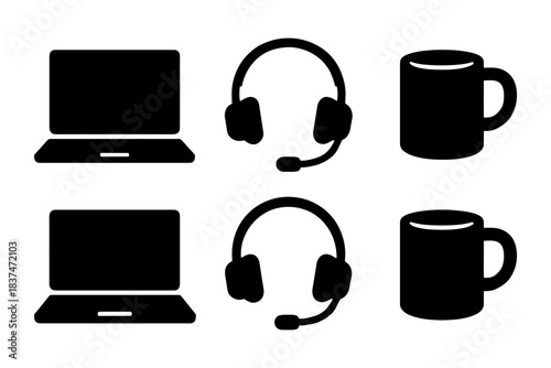 Silhouette icons of laptops, headphones, and mugs in black and white.