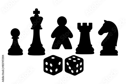 Silhouette of chess pieces and dice on white background.