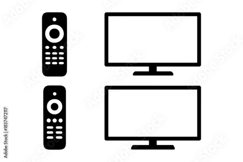 Remote controls and flat screen tvs icons: simple black and white design.