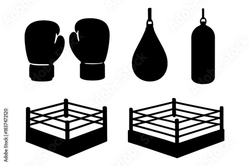 Boxing equipment silhouettes: gloves, speed bag, heavy bag, rings.