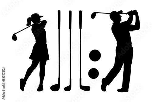 Silhouette of female and male golfers with clubs and balls.