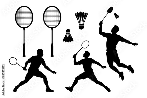 Silhouettes of male badminton players and equipment.