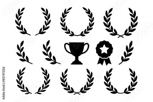 Collection of laurel wreaths, trophy, and award ribbon on white background.