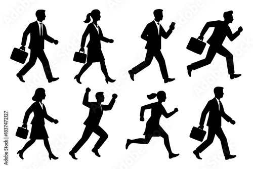 Silhouette illustrations of business professionals walking and running.
