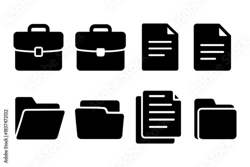 Black silhouette icons of briefcases, documents, and folders on white background.