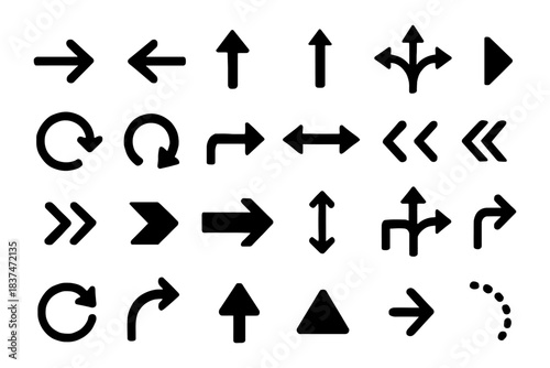Diverse arrow icon set featuring directional symbols and circular motion designs.