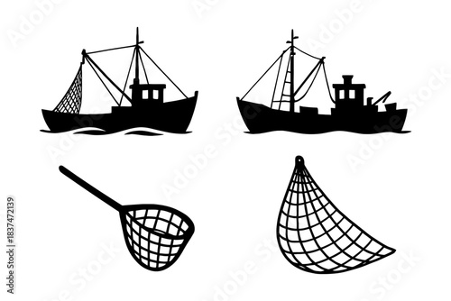 Silhouette of fishing boats and nets: maritime tools collection.