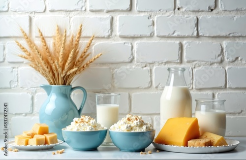Wallpaper Mural Fresh dairy products, golden wheat stalks arranged on white table. Milk bottle, glasses, cheese blocks, cottage cheese bowls sit against modern brick wall. Food display suggests healthy eating Torontodigital.ca