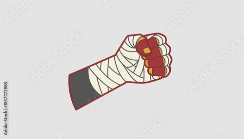A closeup of a striking fist adorned with protective wraps poised for impact conveying strength and determination.