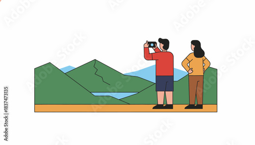 Partners embark on a scenic hike taking photos of the breathtaking landscape and pausing to admire a stunning view.