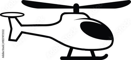 Black and white helicopter illustration with rotating blades and tail rotor side view.